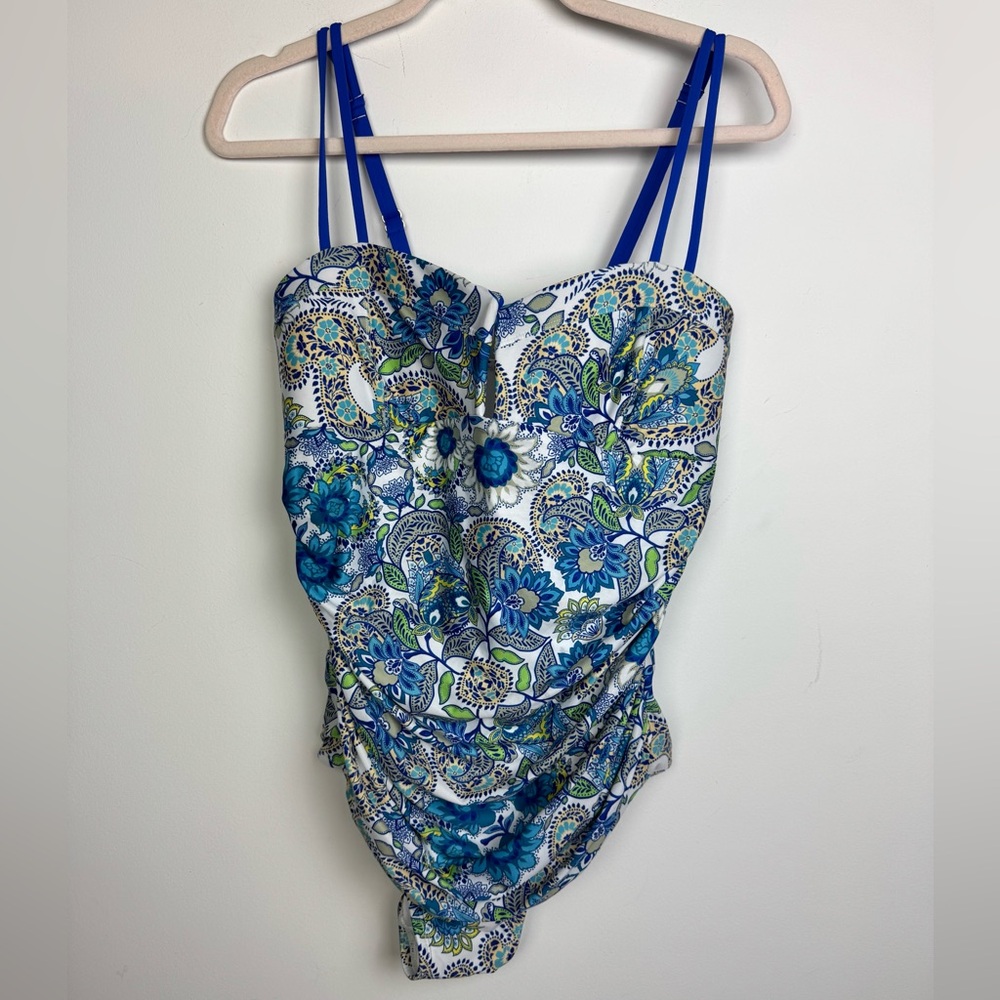 Sea Angel Blue and Green Paisley Floral Ruched Front One Piece Swimsuit XL
